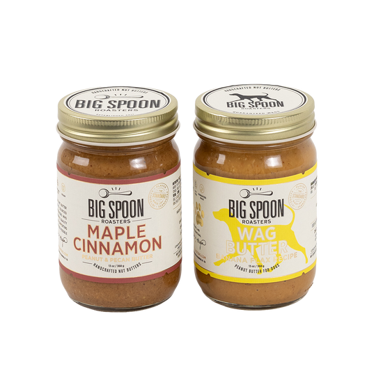 Two jars of Big Spoon Roasters nut butter on a white background