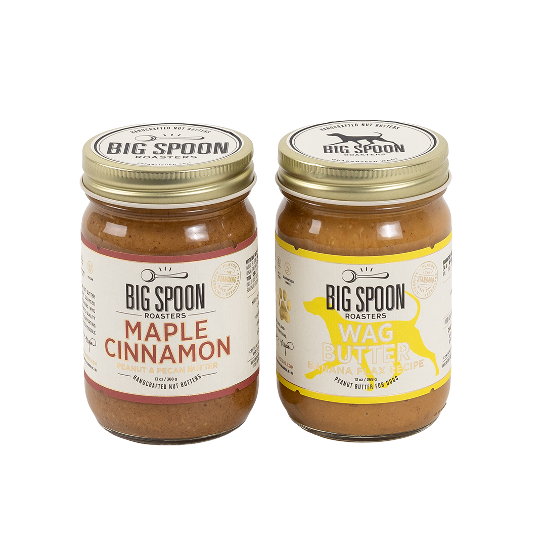 Two jars of Big Spoon Roasters nut butter on a white background