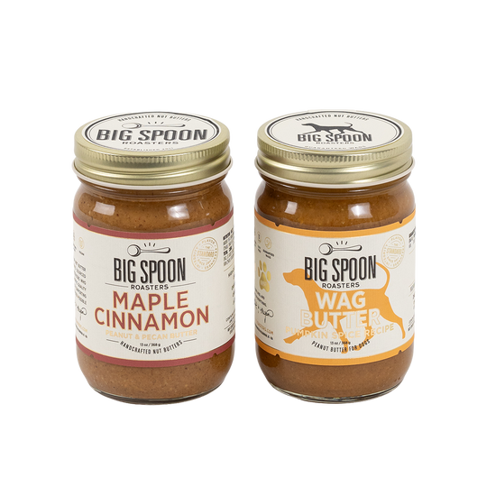Two jars of Big Spoon Roasters nut butter on a white background