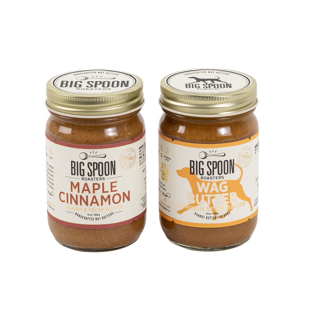 Two jars of Big Spoon Roasters nut butter on a white background
