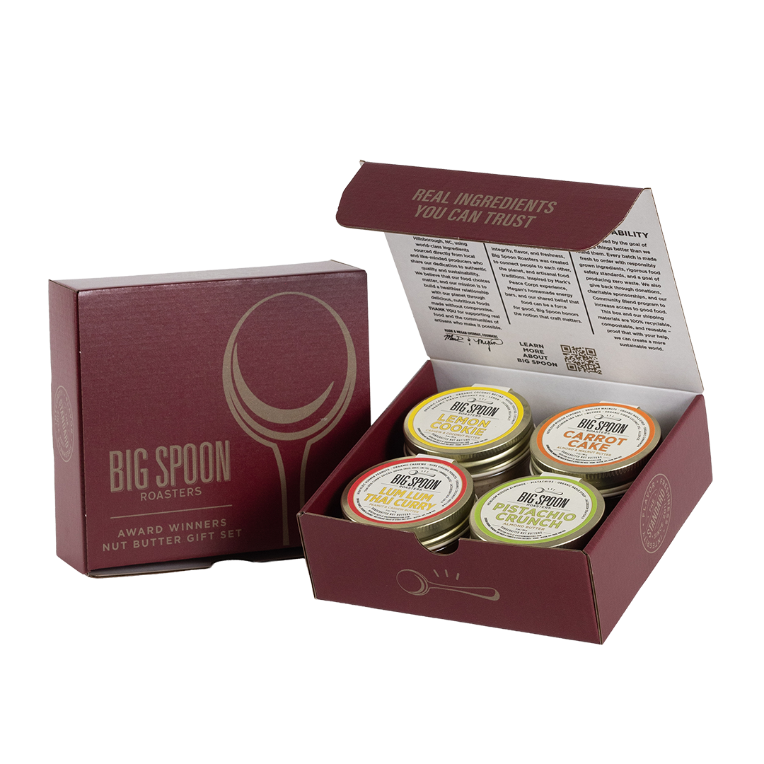 Big Spoon Roasters nut butter gift set with open box on a white background