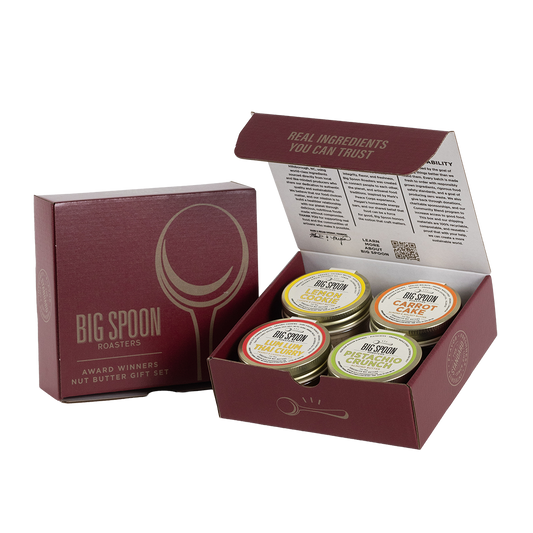 Big Spoon Roasters nut butter gift set with open box on a white background