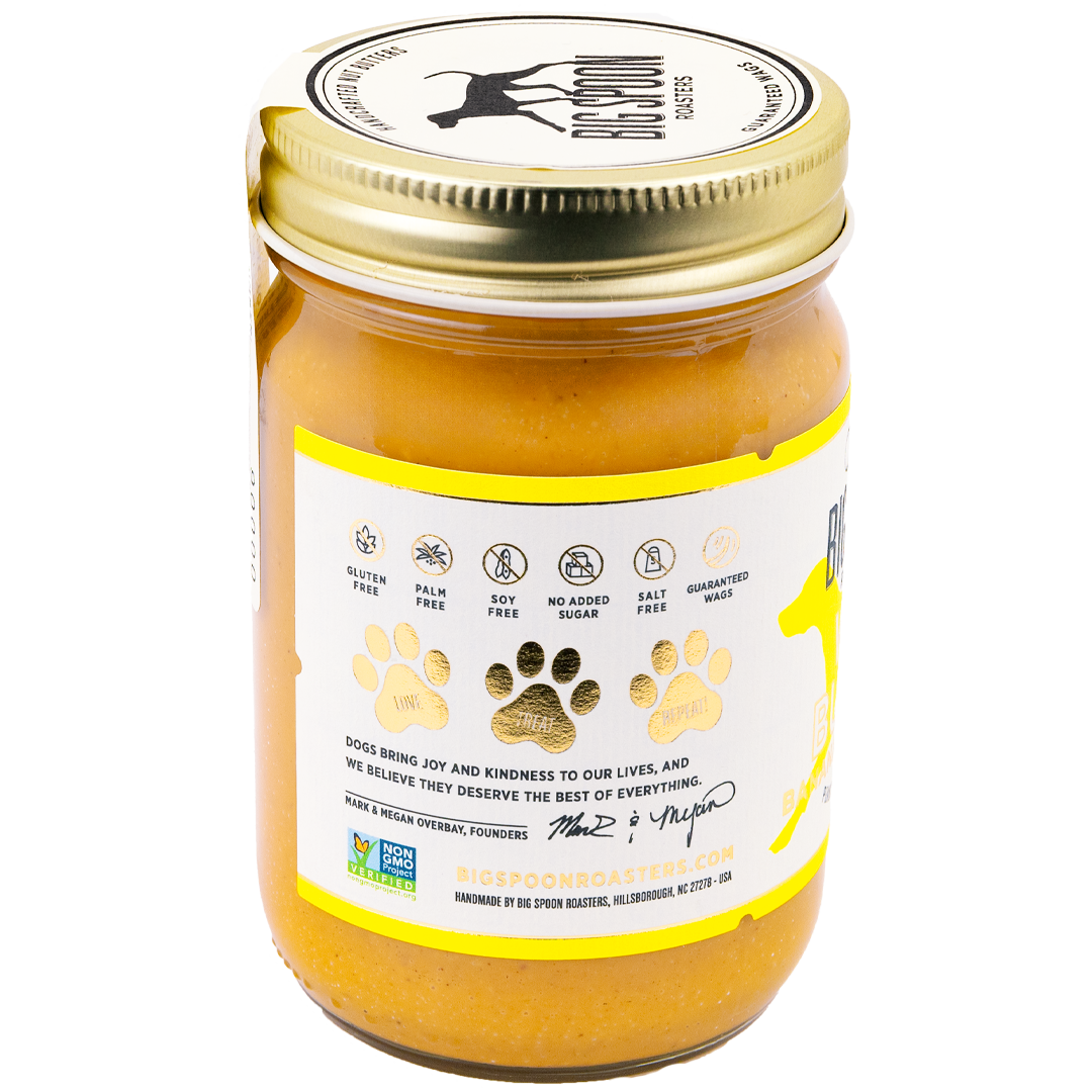 Jar of Big Spoon Roasters Wag Butter Banana Flax Recipe showing callouts