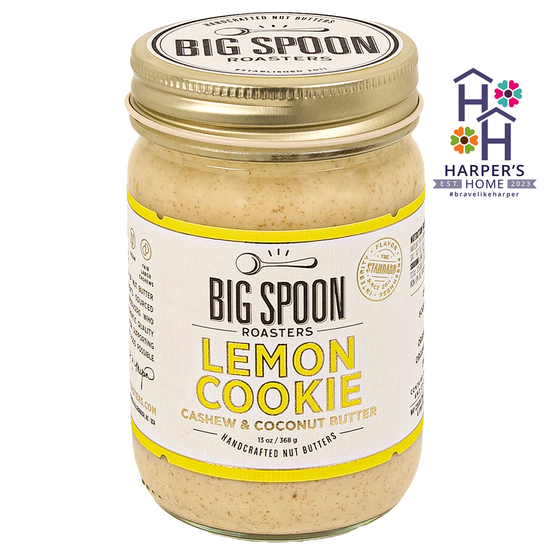 Jar of lemon cookie cashew butter with Harper's Home logo