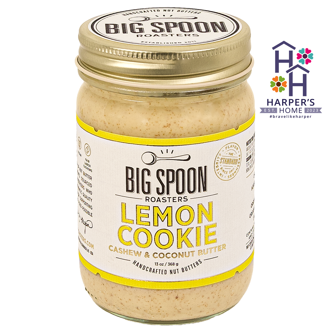 Jar of lemon cookie cashew butter with Harper's Home logo