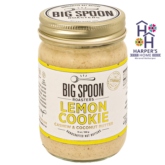 Jar of lemon cookie cashew butter with Harper's Home logo