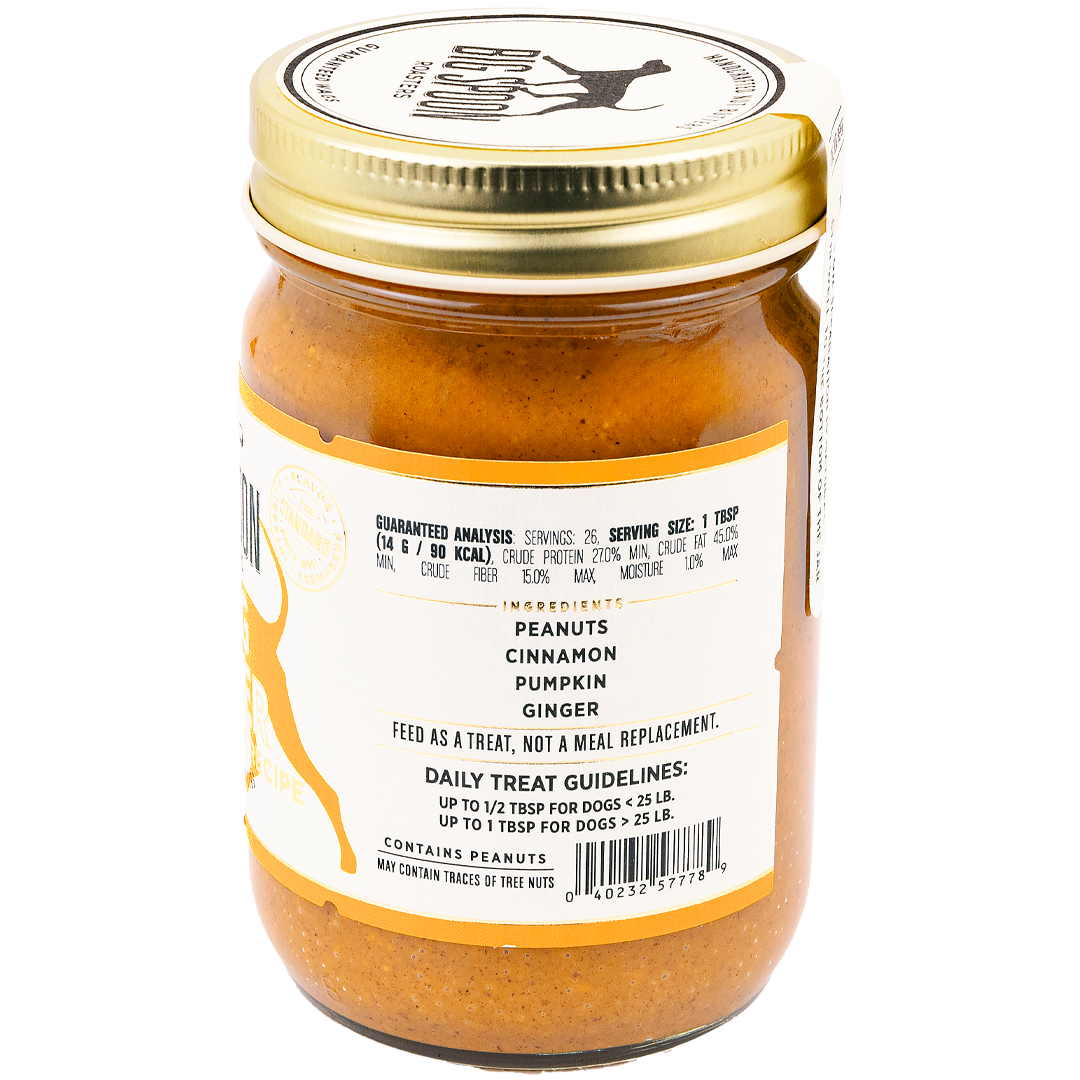 Jar of Big Spoon Roasters Wag Butter pumpkin spice recipe peanut butter for dogs - side listing ingredients