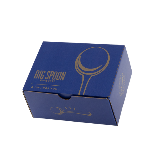 Blue box with Big Spoon Roasters logo and branding