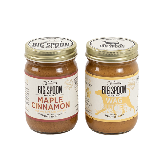 Two jars of Big Spoon Roasters nut butter on a white background
