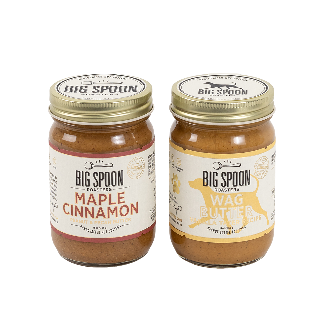 Two jars of Big Spoon Roasters nut butter on a white background