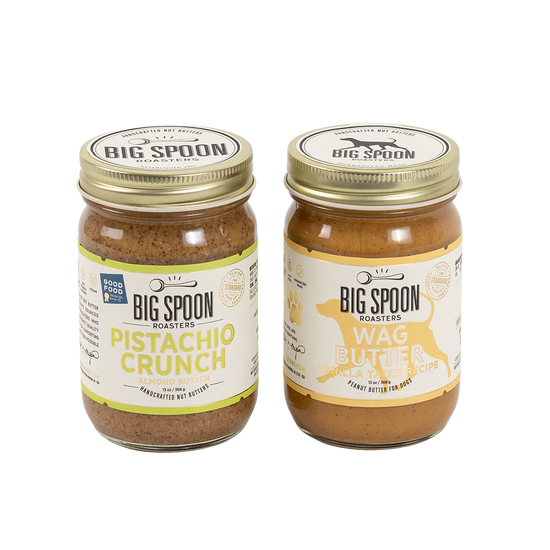 Two jars of Big Spoon Roasters nut butter on a white background