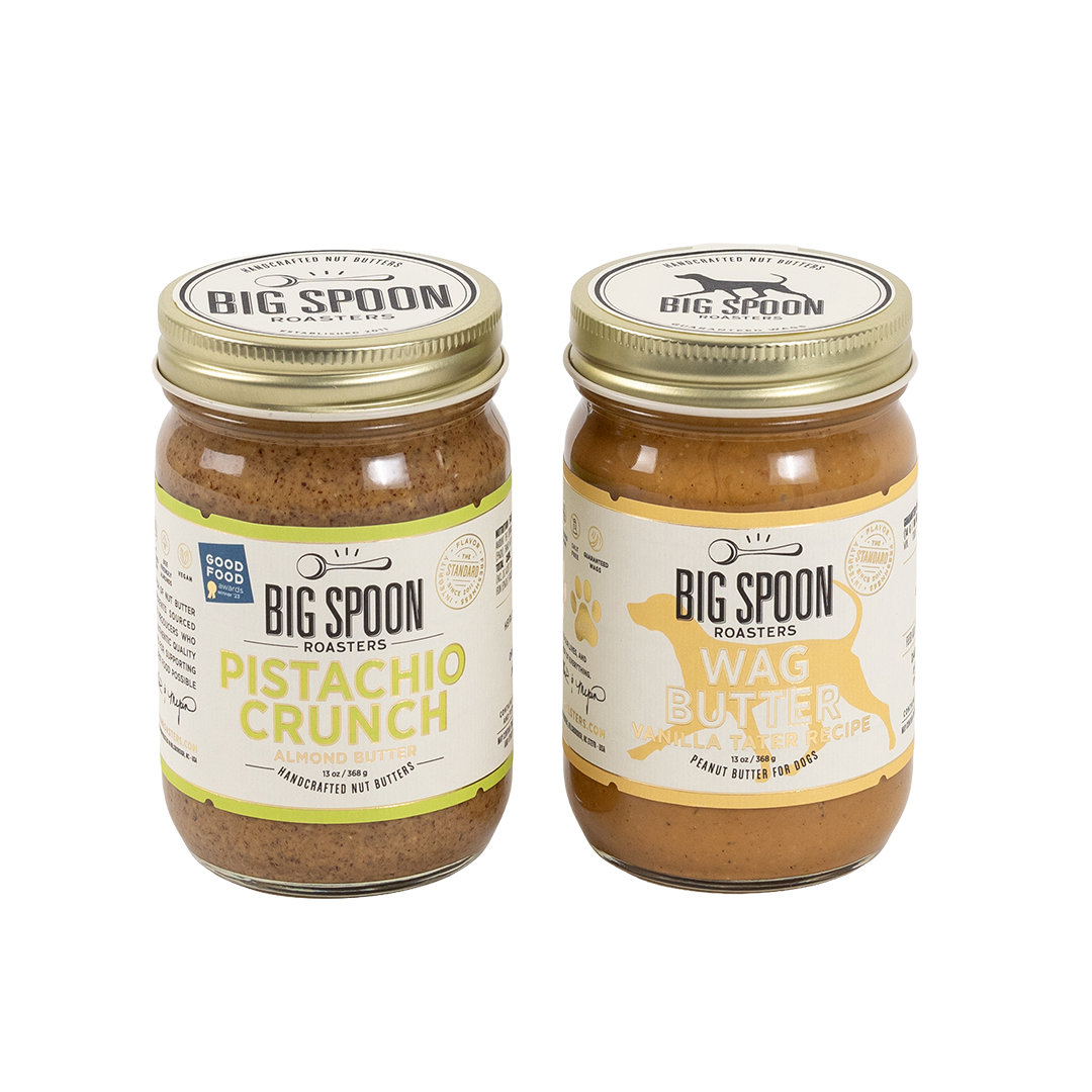 Two jars of Big Spoon Roasters nut butter on a white background