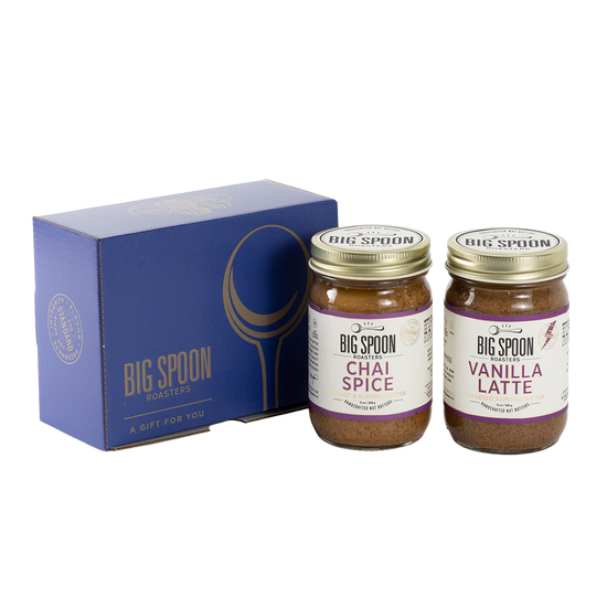 Two jars of Big Spoon Roasters nut butter next to a blue box