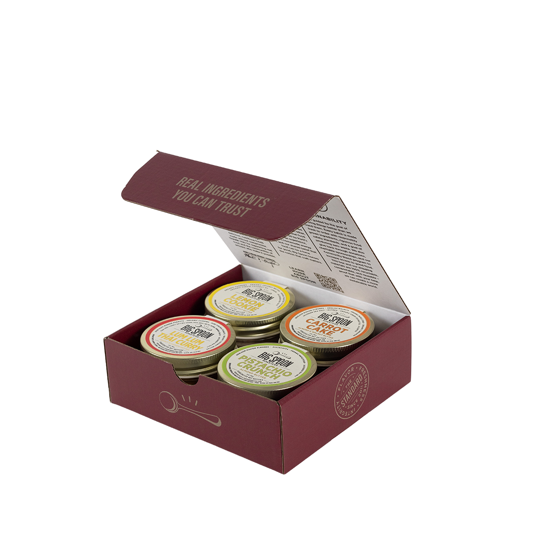 Box of four jars of Big Spoon Roasters nut butters