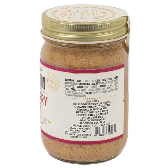 Jar of cherry pie nut butter with ingredients list