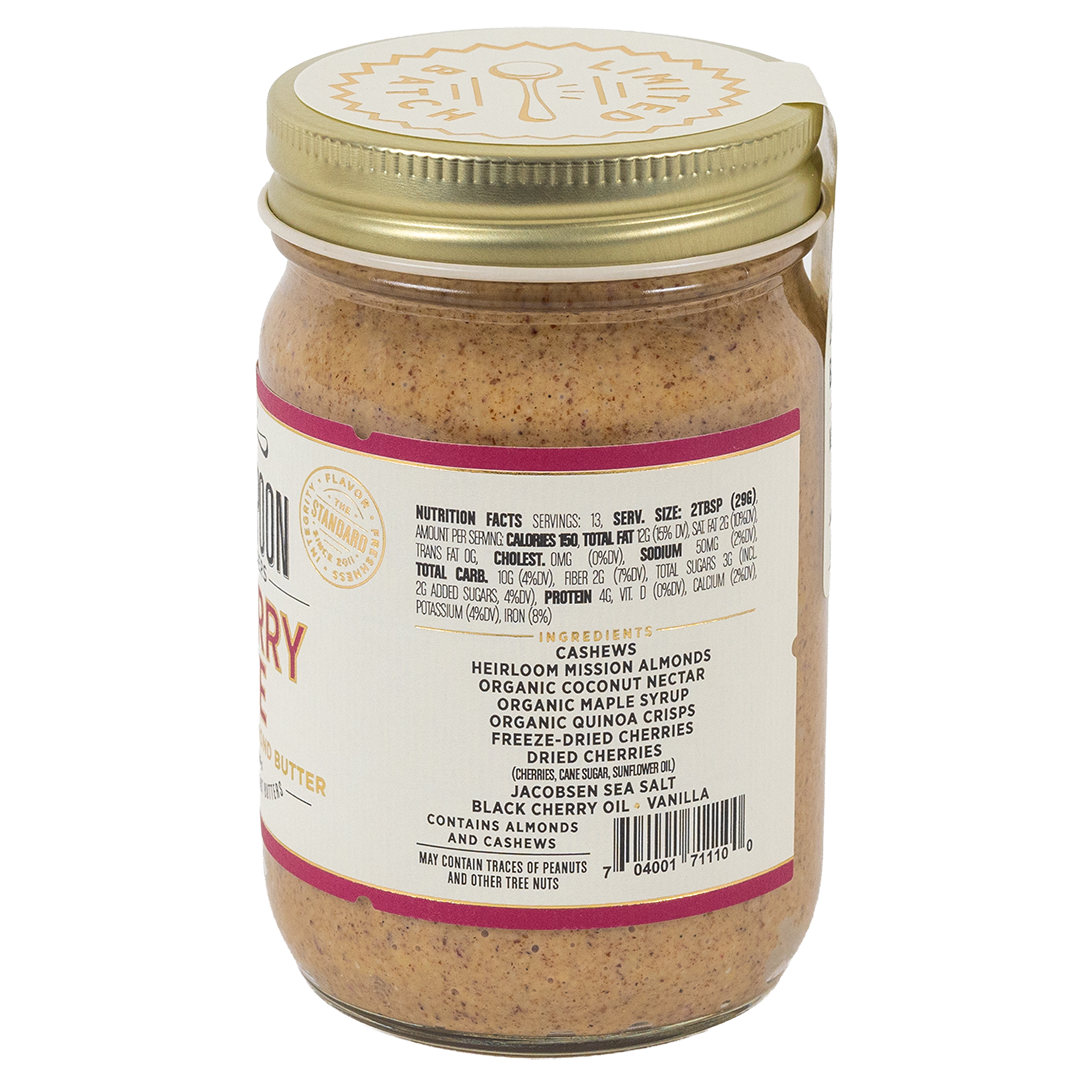Jar of cherry pie nut butter with ingredients list