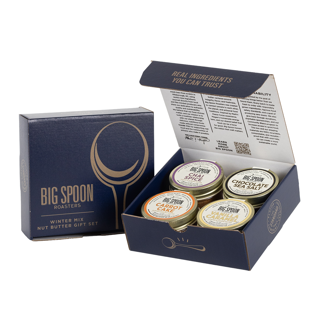 Big Spoon Roasters nut butter gift set with open box on a white background