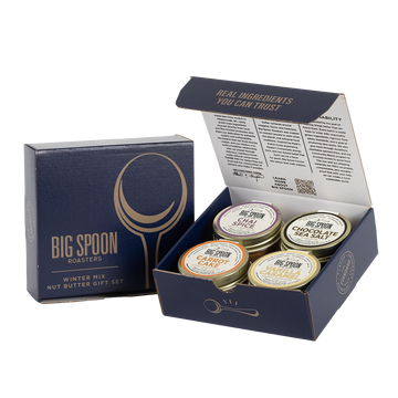 Big Spoon Roasters nut butter gift set with open box on a white background
