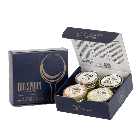 Big Spoon Roasters nut butter gift set with open box on a white background