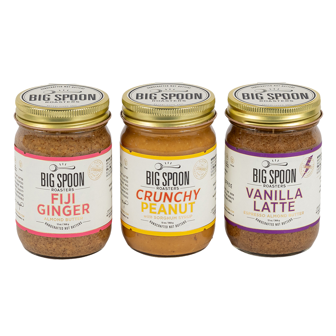 Three jars of nut butter: Fiji Ginger Almond Butter, Crunchy Peanut Butter, and Vanilla Latte Almond Butter