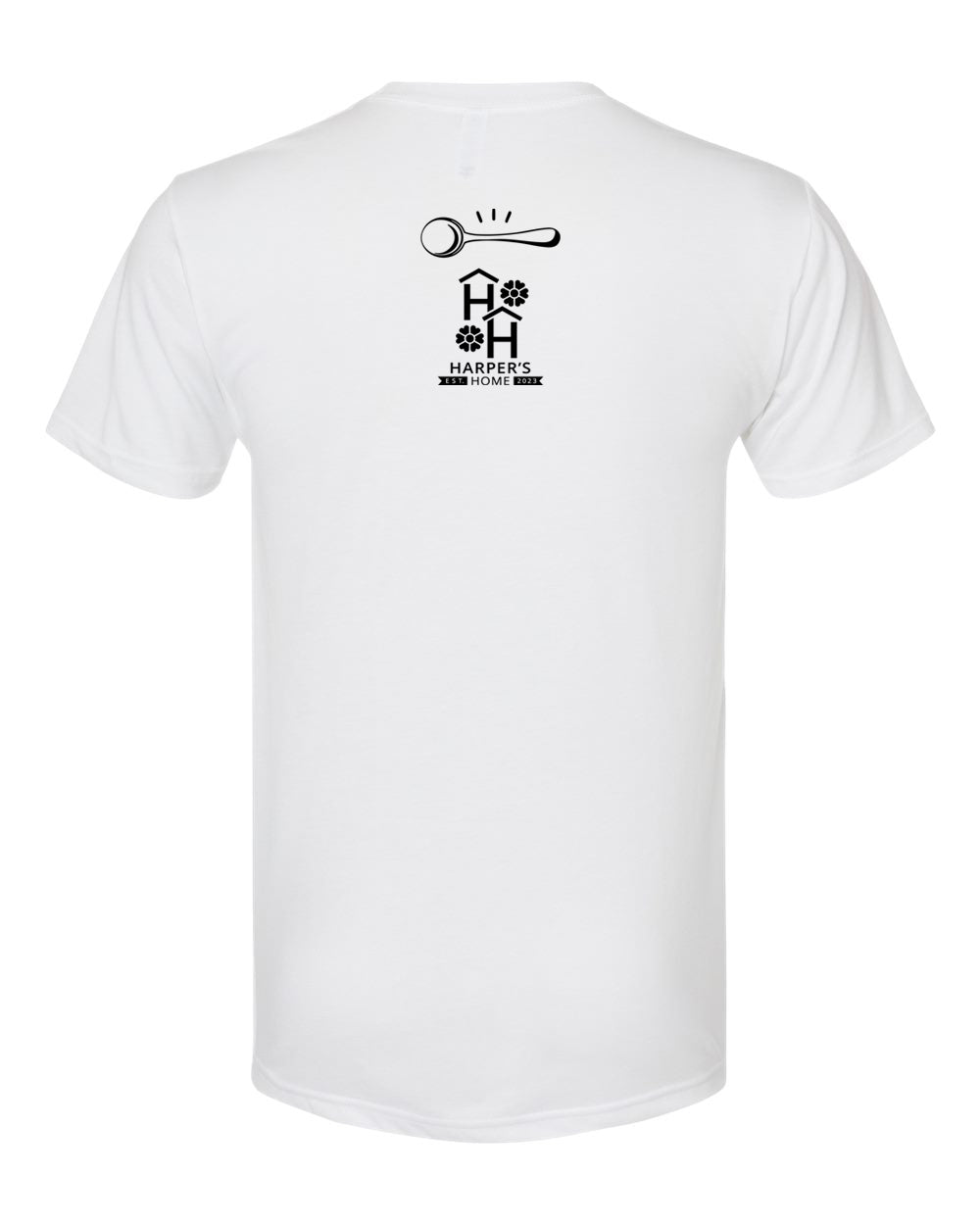 White t-shirt with black logo of Big Spoon Roasters and Harper's Home