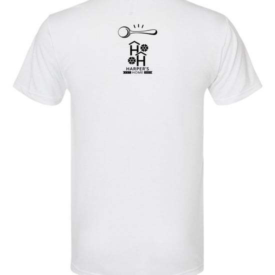 White t-shirt with black logo of Big Spoon Roasters and Harper's Home