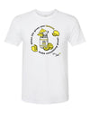White t-shirt with illustration of jar of nut butter surrounded by lemons