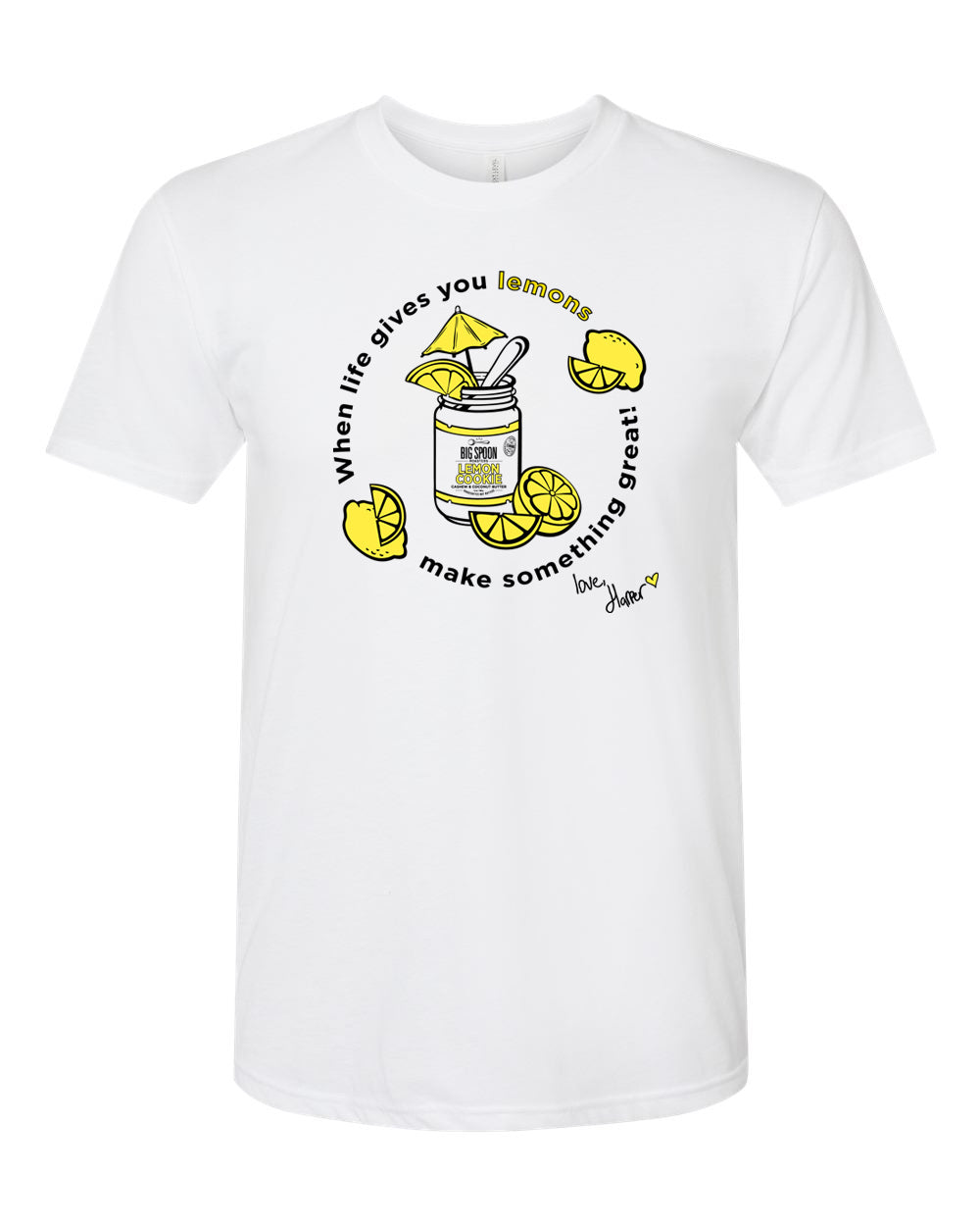 White t-shirt with illustration of jar of nut butter surrounded by lemons