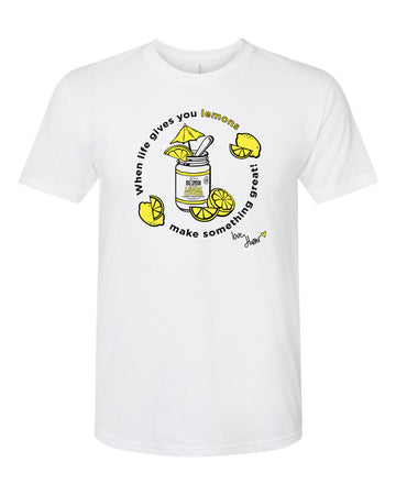 White t-shirt with illustration of jar of nut butter surrounded by lemons
