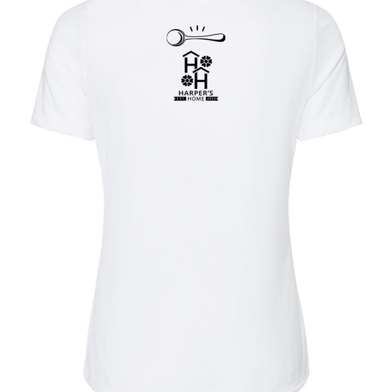 White t-shirt with black logo of Big Spoon Roasters and Harper's Home 