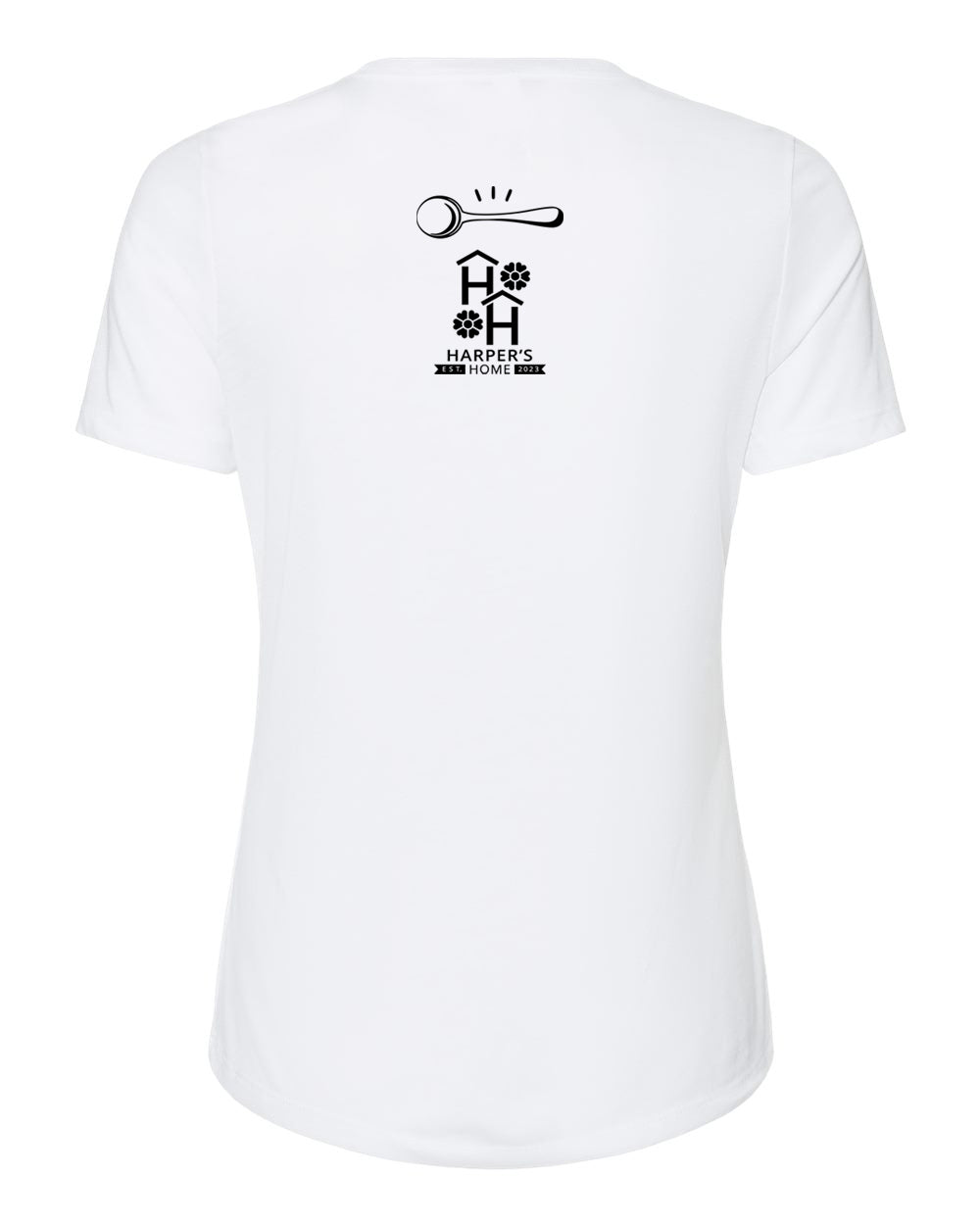 White t-shirt with black logo of Big Spoon Roasters and Harper's Home 