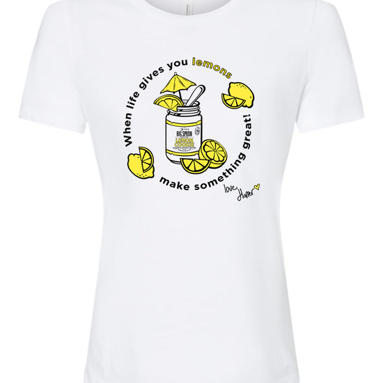 White t-shirt with illustration of jar of nut butter surrounded by lemons 