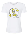 White t-shirt with illustration of jar of nut butter surrounded by lemons 