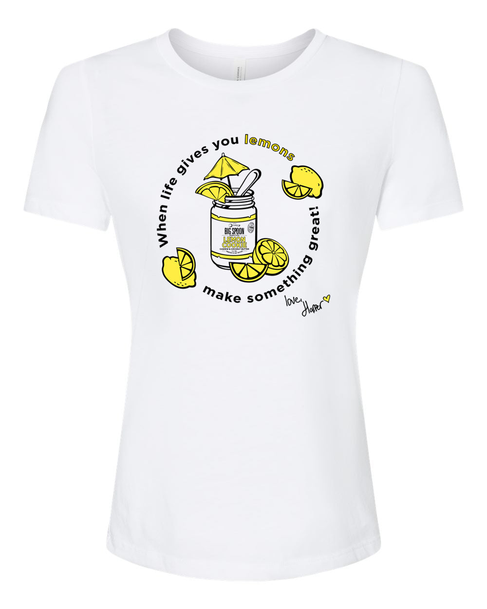White t-shirt with illustration of jar of nut butter surrounded by lemons 