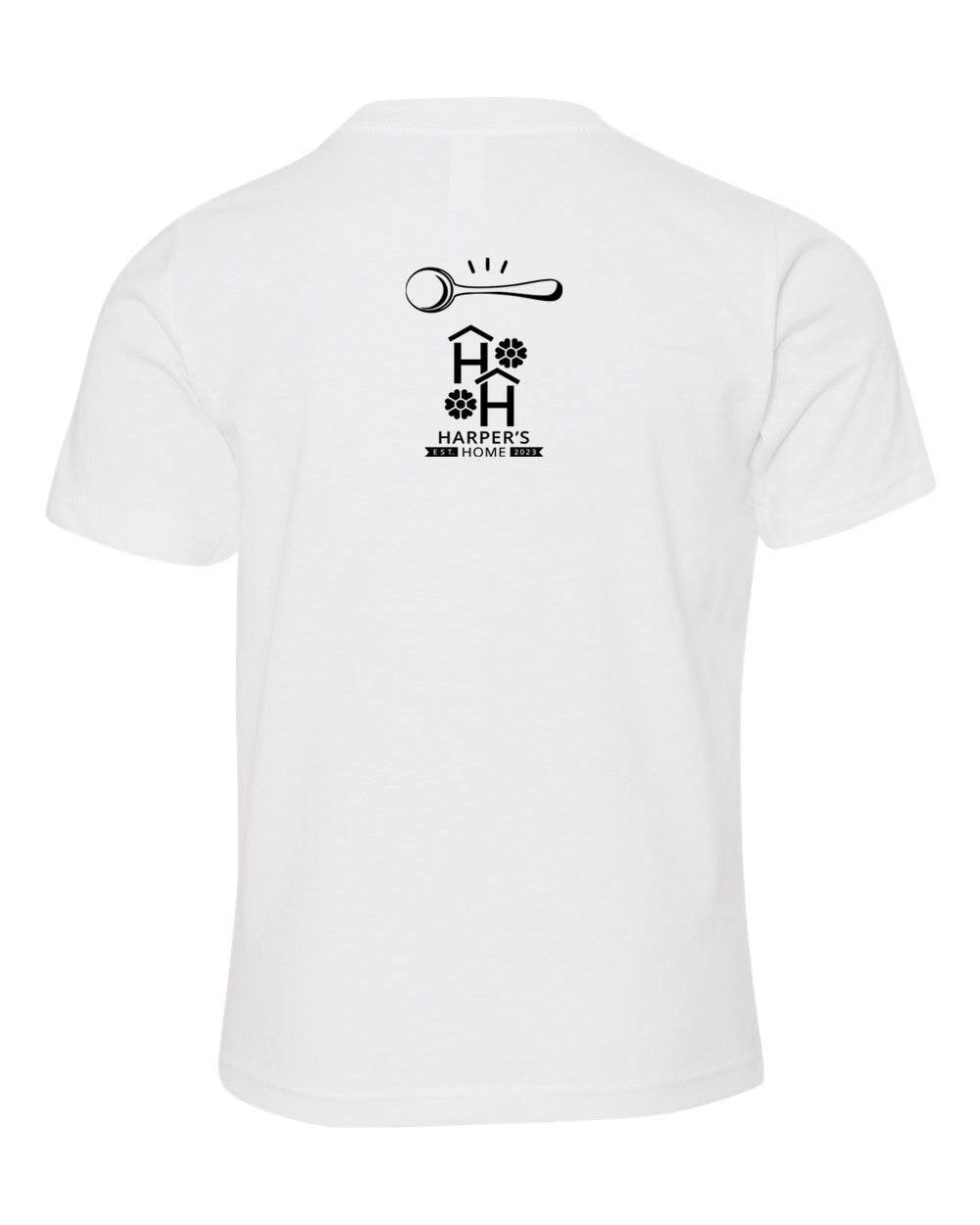 White t-shirt with black logo of Big Spoon Roasters and Harper's Home 