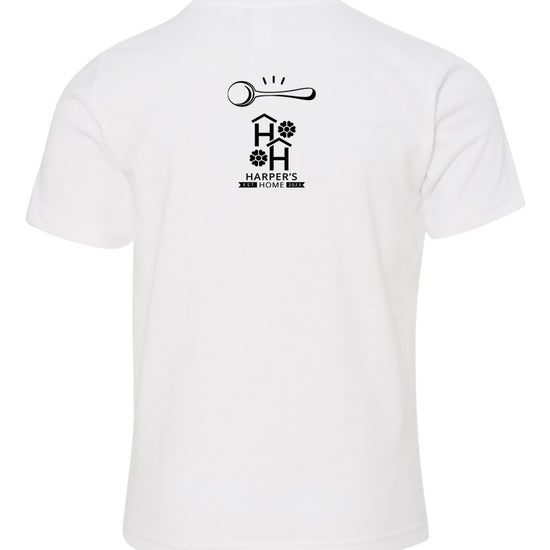 White t-shirt with black logo of Big Spoon Roasters and Harper's Home 
