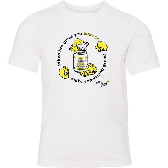 White t-shirt with illustration of jar of nut butter surrounded by lemons 