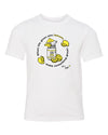 White t-shirt with illustration of jar of nut butter surrounded by lemons 