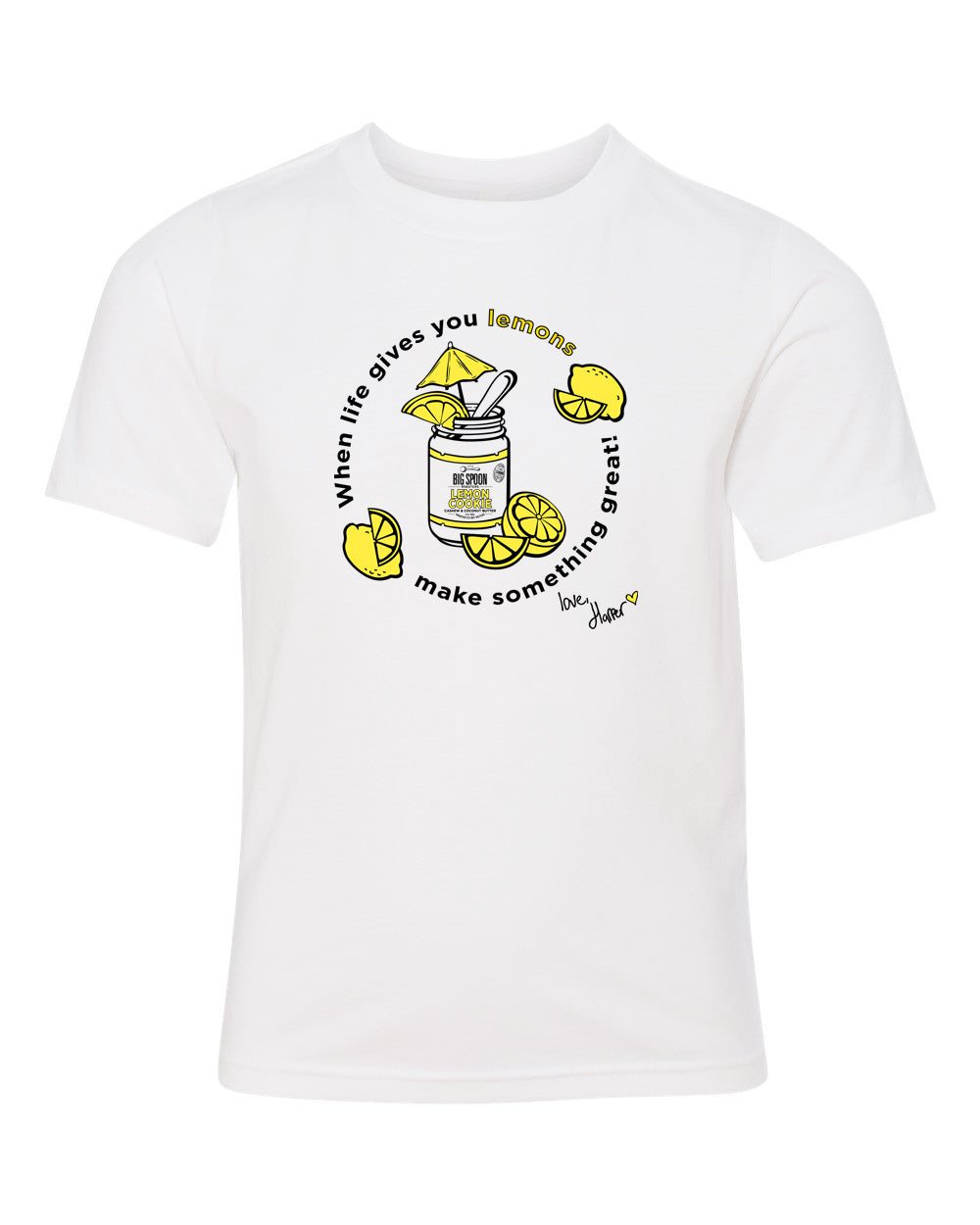 White t-shirt with illustration of jar of nut butter surrounded by lemons 