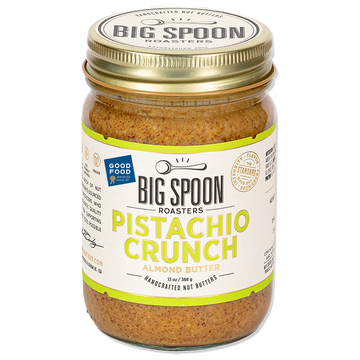 Jar of Pistachio Crunch Almond Butter on white background