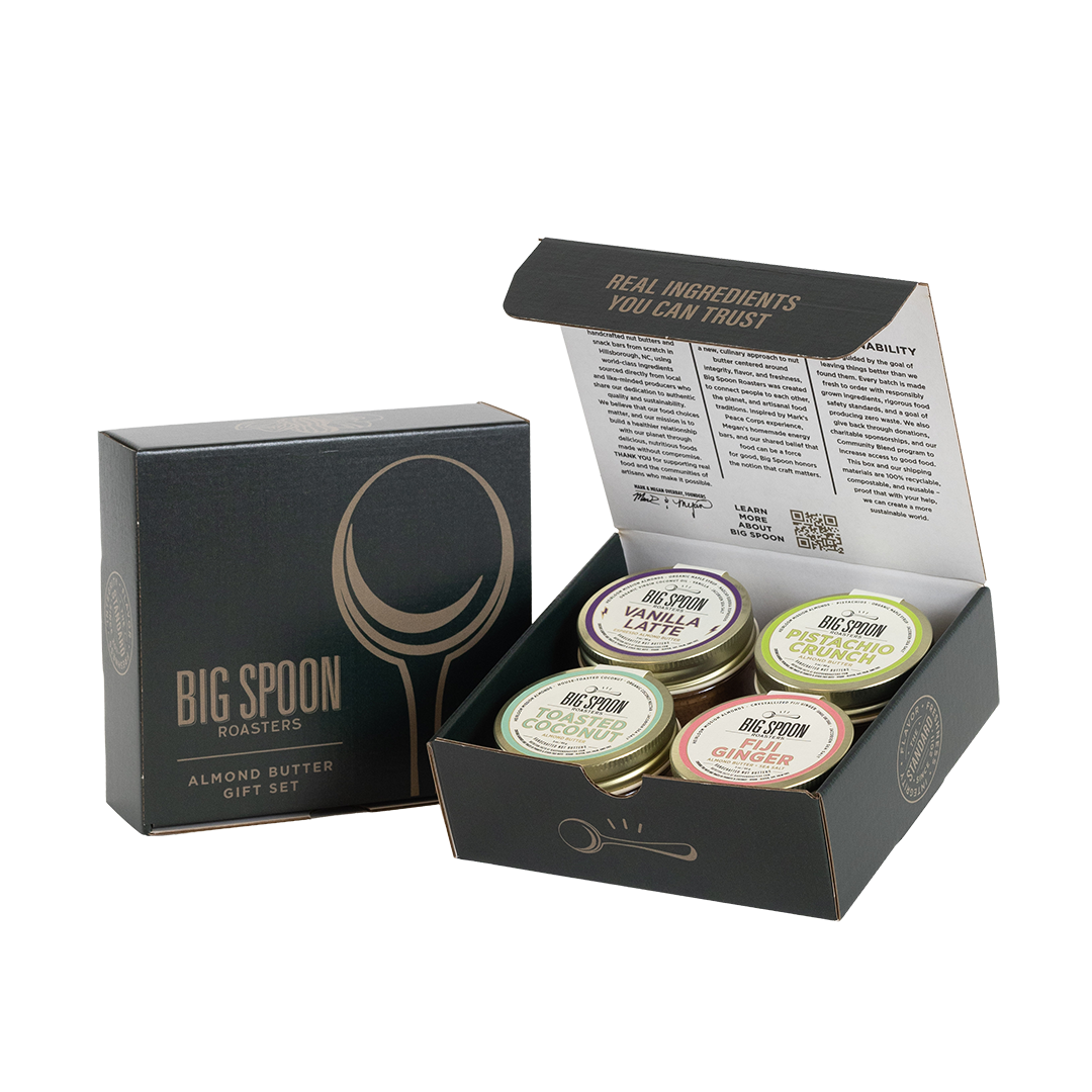 Big Spoon Roasters almond butter gift set with open packaging on a white background