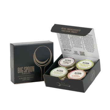 Big Spoon Roasters almond butter gift set with open packaging on a white background