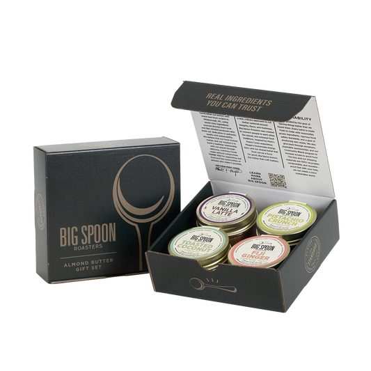 Big Spoon Roasters almond butter gift set with open packaging on a white background