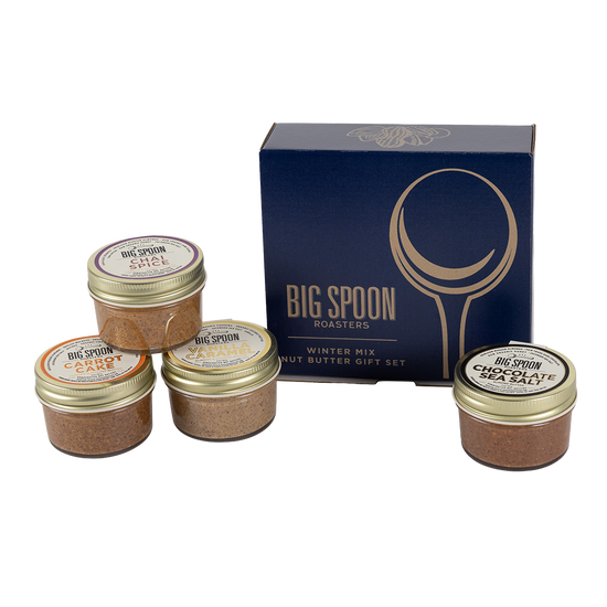 Big Spoon Roasters nut butter gift set with four jars and a box on a white background