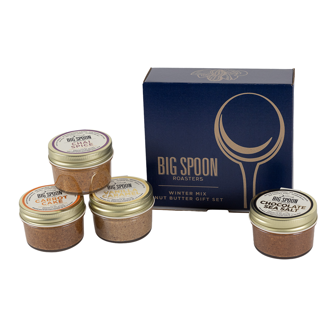 Big Spoon Roasters nut butter gift set with four jars and a box on a white background