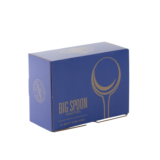 Blue box with Big Spoon Roasters logo and branding