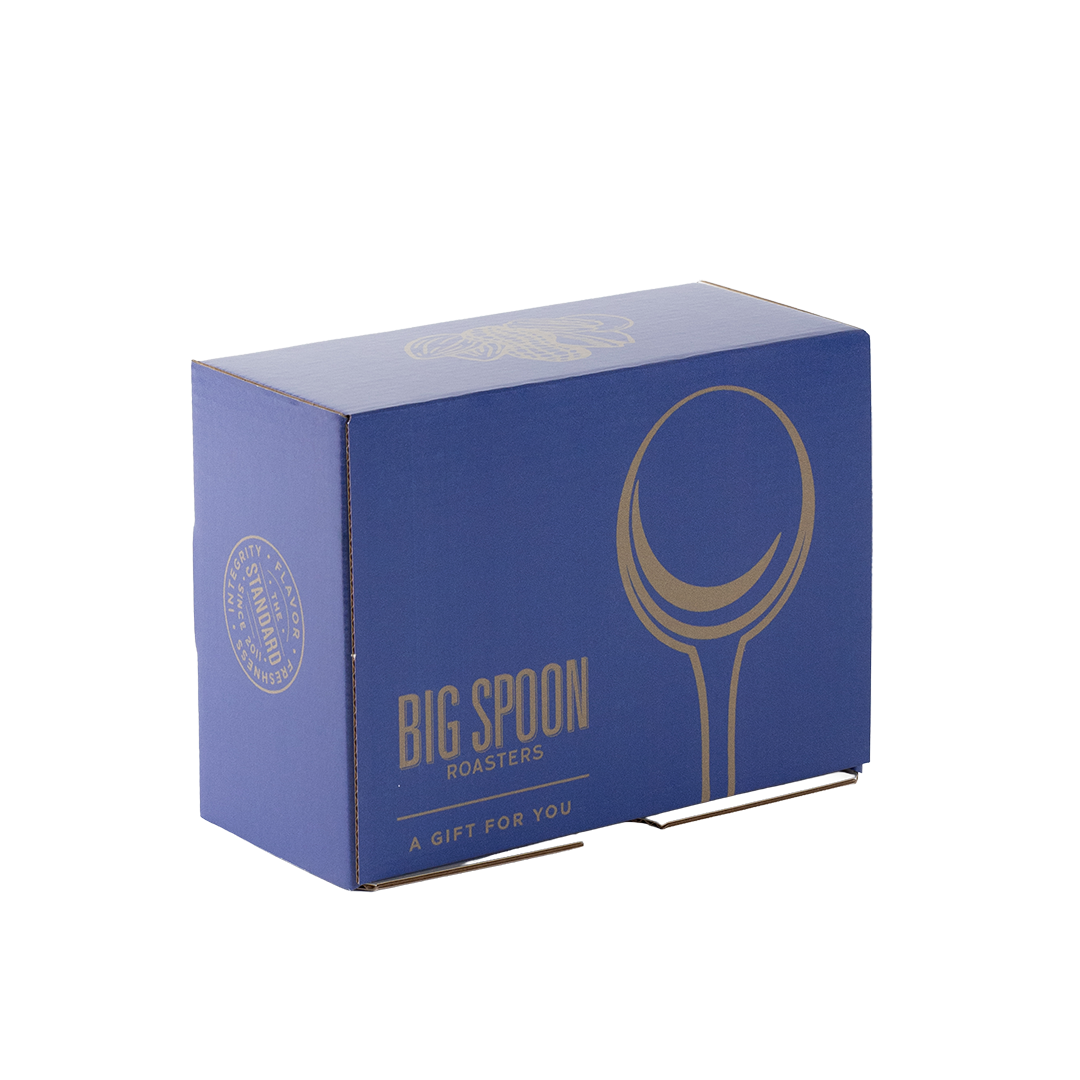 Blue box with Big Spoon Roasters logo and branding