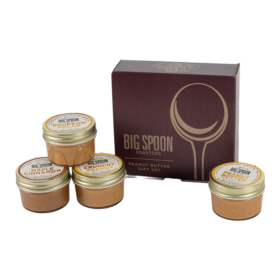 Big Spoon Roasters peanut butter gift set with four jars and a box on a white background