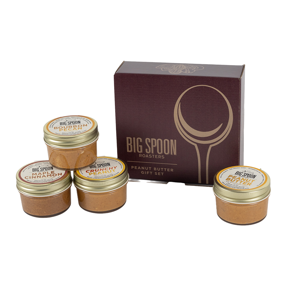 Big Spoon Roasters peanut butter gift set with four jars and a box on a white background
