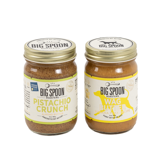 Two jars of Big Spoon Roasters nut butter on a white background